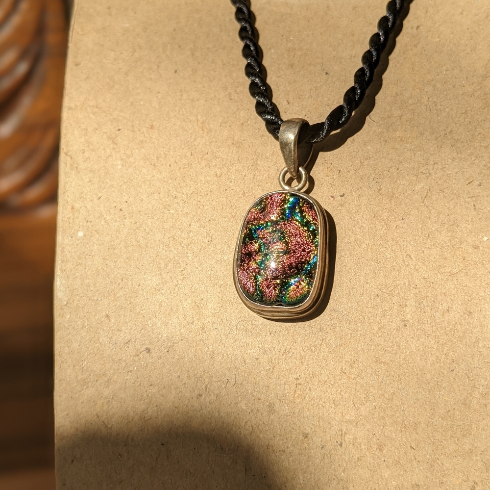 Sterling silver dichroic glass pendant with free satin cord
